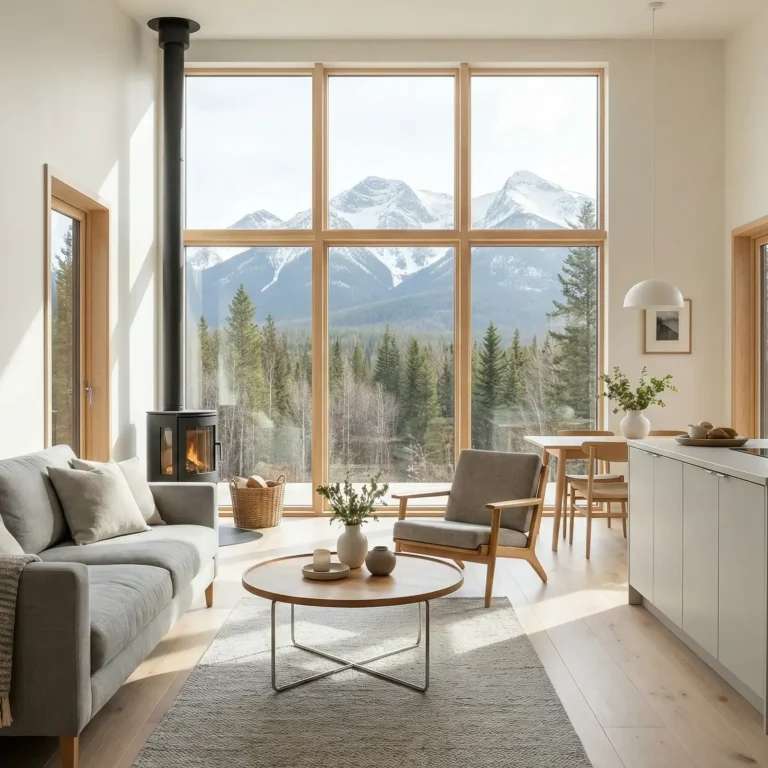 Sala elegante con ventanales que muestran montañas y un bosque. Decoración moderna y acogedora con Home Staging Virtual con IA.
