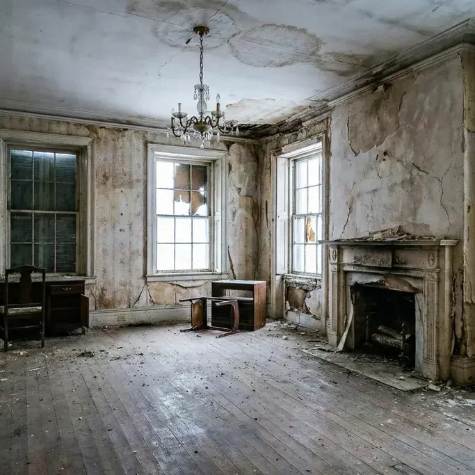 Habitación abandonada con paredes deterioradas, ventanas rotas y mobiliario en mal estado, antes del home staging virtual.