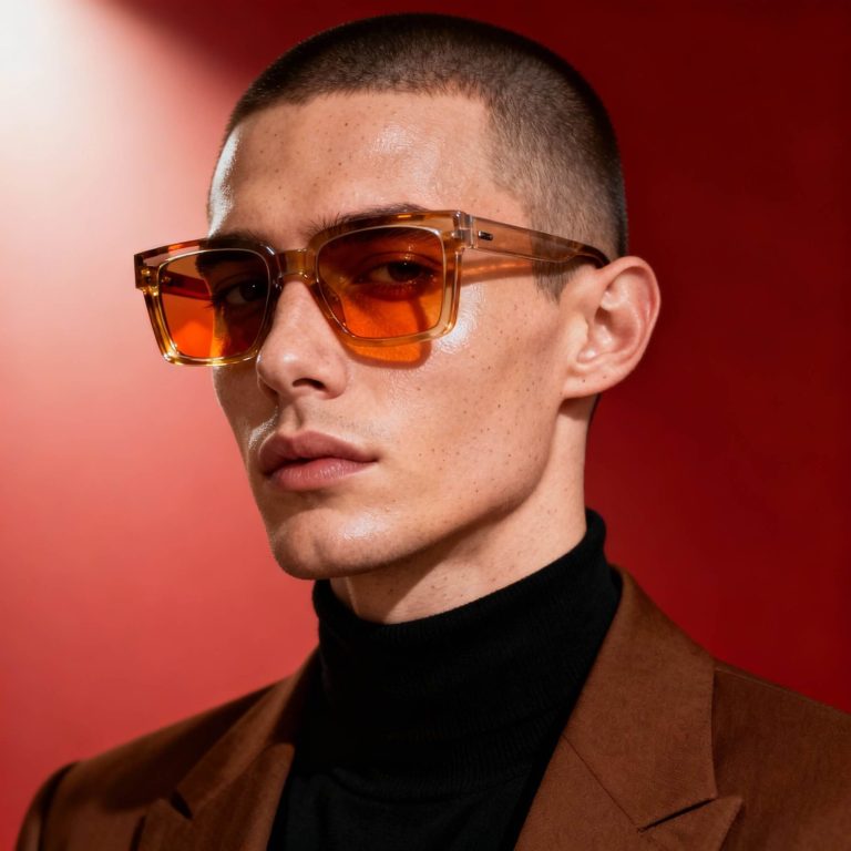 Hombre con gafas de sol naranjas, chaqueta marrón y fondo rojo. Creación con IA Generativa para ecoomerce, cátalgos visuales y web.