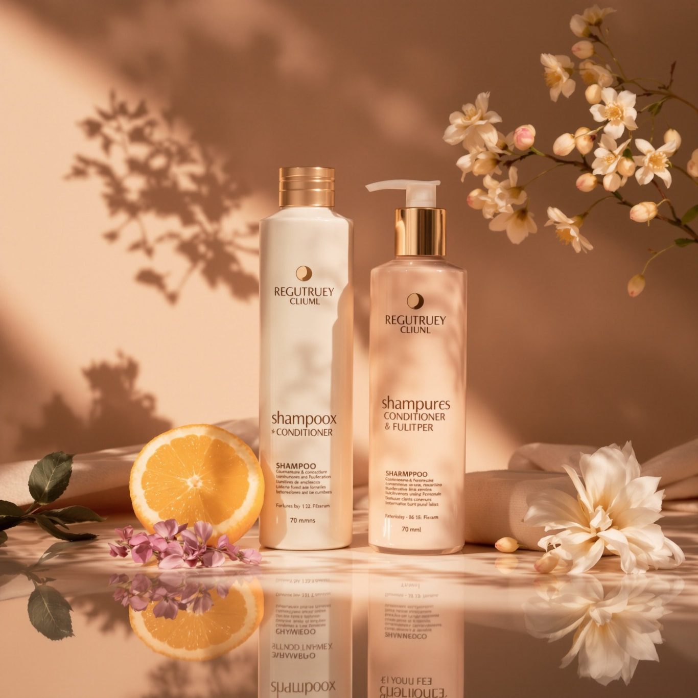 Fotografía de producto con IA de botella de champú y acondicionador sobre fondo liso color salmón, ideal para catálogo de e-commerce.