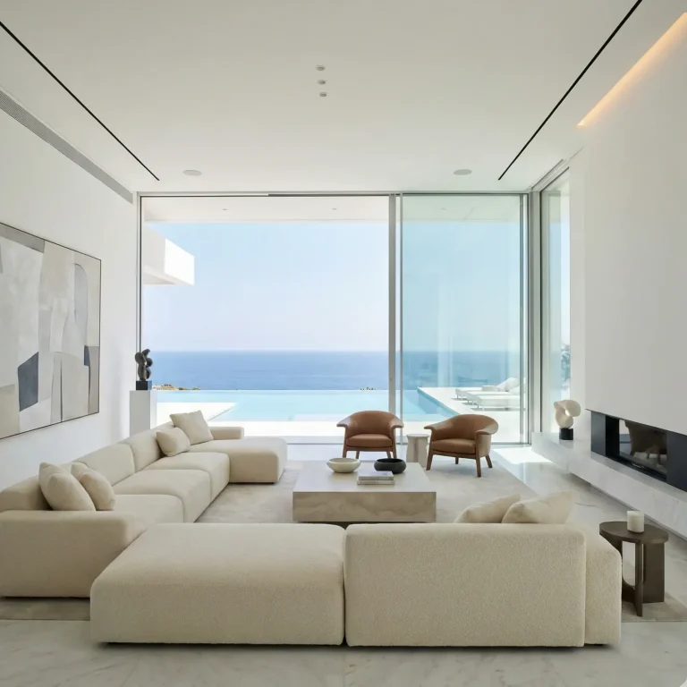 Sala moderna con sofá blanco, mesas de café y vista al mar. Home Staging Virtual con IA Generativa.
