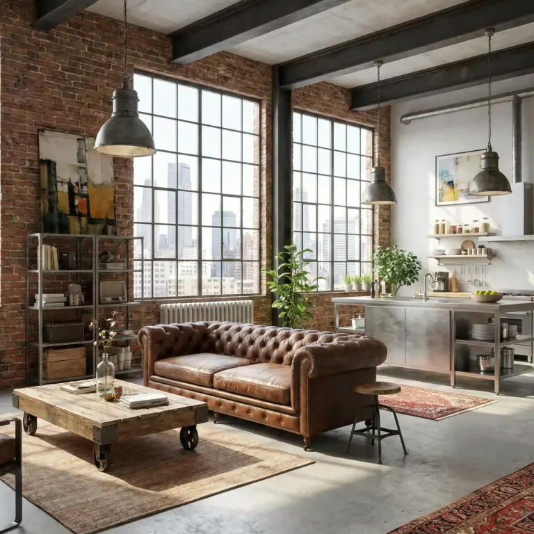 Interiores de estilo industrial con sofá de cuero, mesa de madera y ventanas grandes. Generado con IA. Home Staging Virtual.