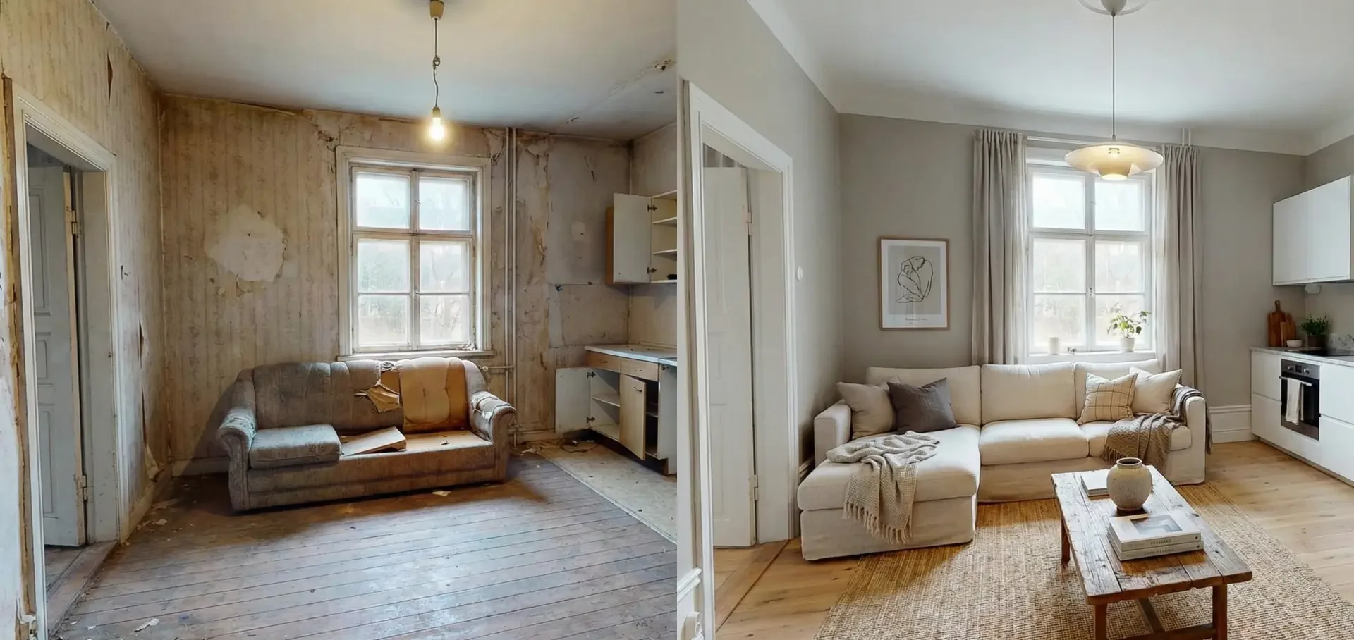 Sala de estar antes y después del Home Staging Virtual con IA, con muebles modernos y colores neutros.