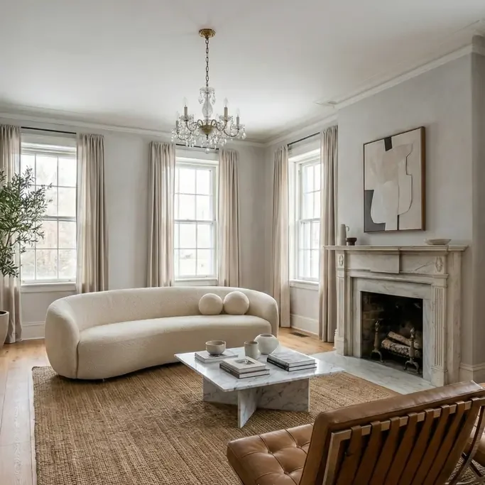 Sala elegante con sofá blanco, mesa baja, chimenea y luz natural. Decoración minimalista. Después de Home Staging Virtual con IA.